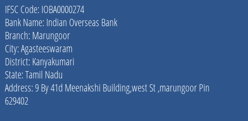 Indian Overseas Bank Marungoor Branch Kanyakumari IFSC Code IOBA0000274