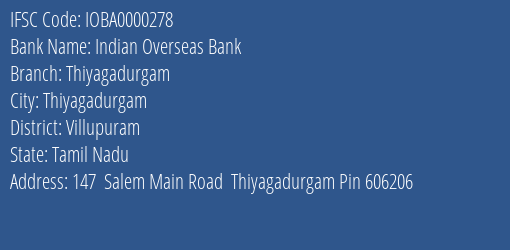 Indian Overseas Bank Thiyagadurgam, Villupuram IFSC Code IOBA0000278