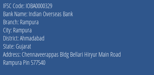 Indian Overseas Bank Rampura Branch, Branch Code 000329 & IFSC Code IOBA0000329