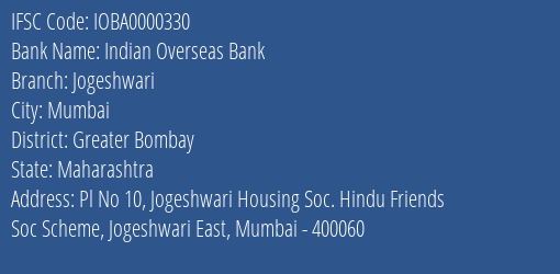 Indian Overseas Bank Jogeshwari Branch IFSC Code