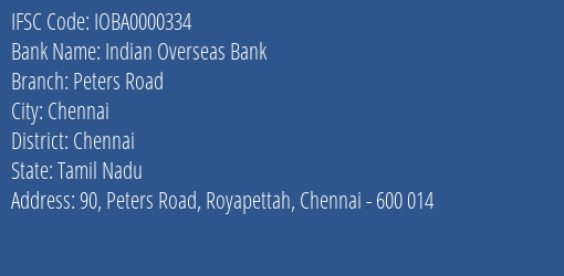 Indian Overseas Bank Peters Road Branch Chennai IFSC Code IOBA0000334