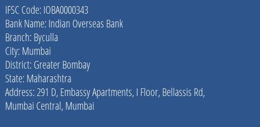 Indian Overseas Bank Byculla Branch, Branch Code 000343 & IFSC Code IOBA0000343