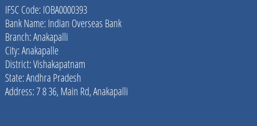Indian Overseas Bank Anakapalli Branch, Branch Code 000393 & IFSC Code IOBA0000393