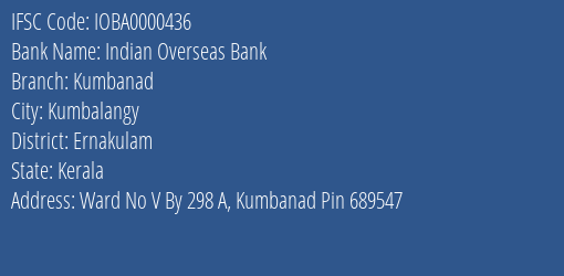 Indian Overseas Bank Kumbanad Branch, Branch Code 000436 & IFSC Code IOBA0000436