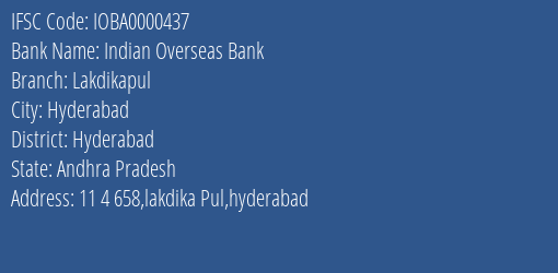 Indian Overseas Bank Lakdikapul Branch, Branch Code 000437 & IFSC Code IOBA0000437