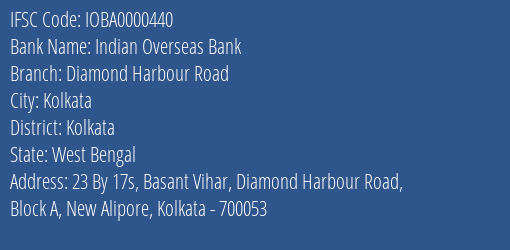 Indian Overseas Bank Diamond Harbour Road Branch, Branch Code 000440 & IFSC Code IOBA0000440