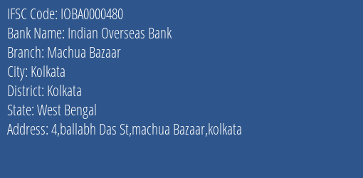 Indian Overseas Bank Machua Bazaar Branch Kolkata IFSC Code IOBA0000480