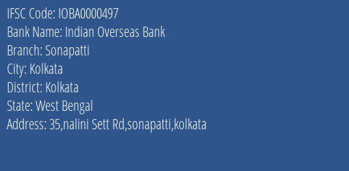 Indian Overseas Bank Sonapatti Branch, Branch Code 000497 & IFSC Code IOBA0000497
