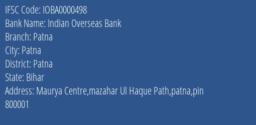 Indian Overseas Bank Patna Branch, Branch Code 000498 & IFSC Code IOBA0000498