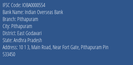 Indian Overseas Bank Pithapuram Branch East Godavari IFSC Code IOBA0000554