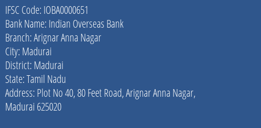 Indian Overseas Bank Arignar Anna Nagar Branch IFSC Code