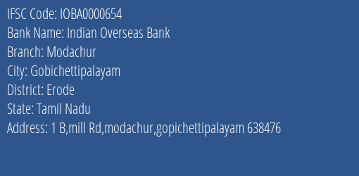 Indian Overseas Bank Modachur Branch, Branch Code 000654 & IFSC Code IOBA0000654