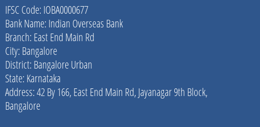 Indian Overseas Bank East End Main Rd Branch Bangalore Urban IFSC Code IOBA0000677