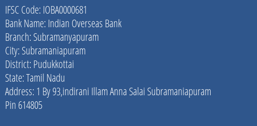 Indian Overseas Bank Subramanyapuram Branch IFSC Code
