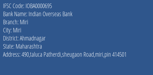 Indian Overseas Bank Miri Branch Ahmadnagar IFSC Code IOBA0000695