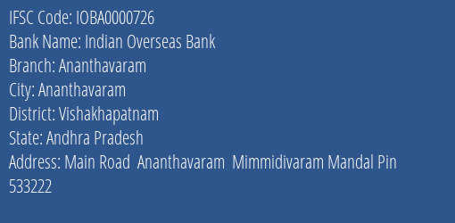 Indian Overseas Bank Ananthavaram Branch Vishakhapatnam IFSC Code IOBA0000726