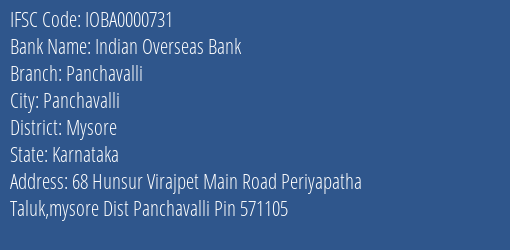 Indian Overseas Bank Panchavalli Branch, Branch Code 000731 & IFSC Code IOBA0000731