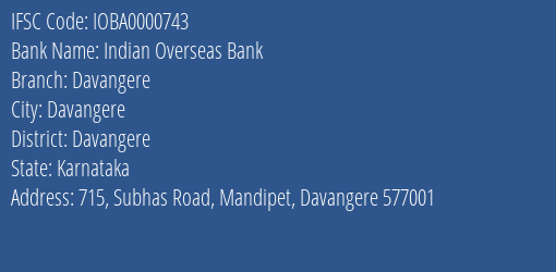 Indian Overseas Bank Davangere Branch, Branch Code 000743 & IFSC Code IOBA0000743