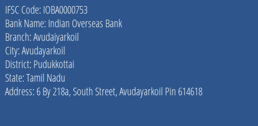 Indian Overseas Bank Avudaiyarkoil Branch IFSC Code