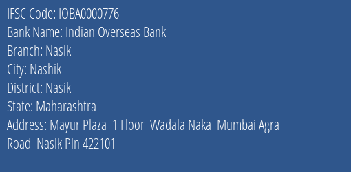 Indian Overseas Bank Nasik Branch, Branch Code 000776 & IFSC Code IOBA0000776