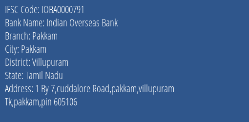 Indian Overseas Bank Pakkam, Villupuram IFSC Code IOBA0000791