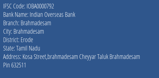 Indian Overseas Bank Brahmadesam Branch, Branch Code 000792 & IFSC Code IOBA0000792