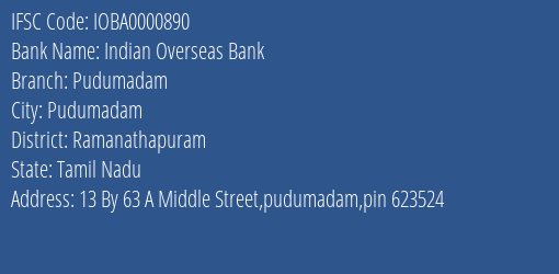 Indian Overseas Bank Pudumadam Branch IFSC Code
