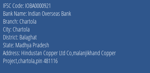 Indian Overseas Bank Chartola Branch Balaghat IFSC Code IOBA0000921