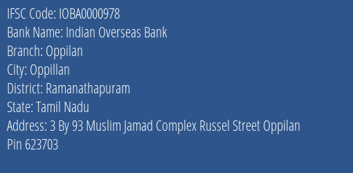 Indian Overseas Bank Oppilan Branch IFSC Code