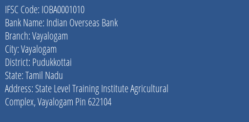 Indian Overseas Bank Vayalogam Branch Pudukkottai IFSC Code IOBA0001010