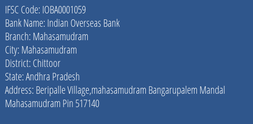 Indian Overseas Bank Mahasamudram Branch Chittoor IFSC Code IOBA0001059