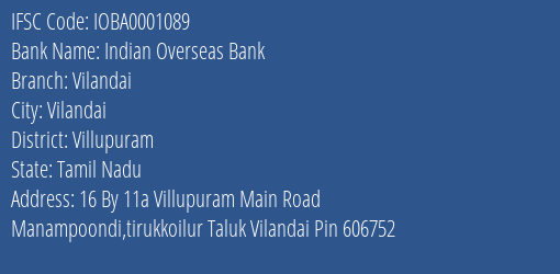 Indian Overseas Bank Vilandai, Villupuram IFSC Code IOBA0001089