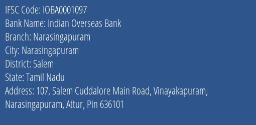 Indian Overseas Bank Narasingapuram Branch Salem IFSC Code IOBA0001097