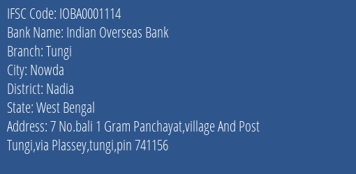 Indian Overseas Bank Tungi Branch, Branch Code 001114 & IFSC Code IOBA0001114