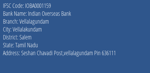 Indian Overseas Bank Vellalagundam Branch Salem IFSC Code IOBA0001159