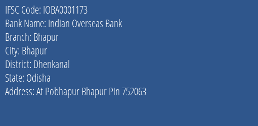 Indian Overseas Bank Bhapur Branch Dhenkanal IFSC Code IOBA0001173