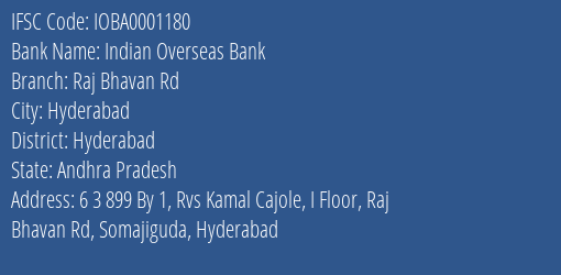 Indian Overseas Bank Raj Bhavan Rd Branch, Branch Code 001180 & IFSC Code IOBA0001180