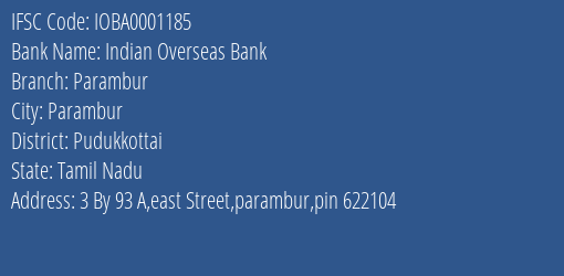 Indian Overseas Bank Parambur Branch, Branch Code 001185 & IFSC Code IOBA0001185