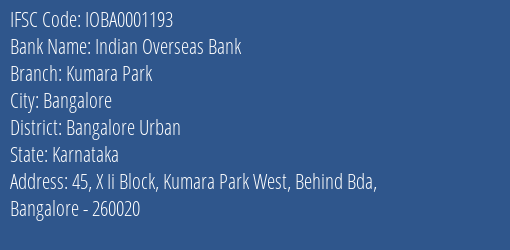 Indian Overseas Bank Kumara Park Branch, Branch Code 001193 & IFSC Code IOBA0001193