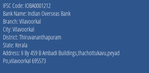 Indian Overseas Bank Vilavoorkal Branch Thiruvananthapuram IFSC Code IOBA0001212