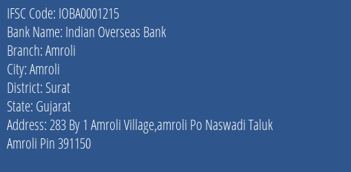 Indian Overseas Bank Amroli Branch Surat IFSC Code IOBA0001215