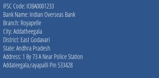 Indian Overseas Bank Royapelle Branch, Branch Code 001233 & IFSC Code IOBA0001233