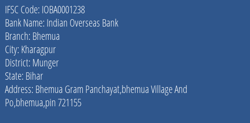 Indian Overseas Bank Bhemua Branch, Branch Code 001238 & IFSC Code Ioba0001238