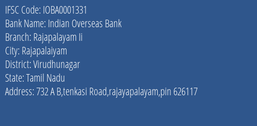 Indian Overseas Bank Rajapalayam Ii Branch Virudhunagar IFSC Code IOBA0001331