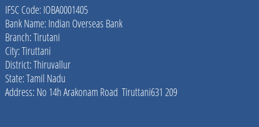 Indian Overseas Bank Tirutani Branch IFSC Code