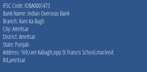Indian Overseas Bank Rani Ka Bagh Branch IFSC Code