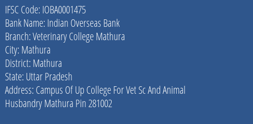 Indian Overseas Bank Veterinary College Mathura Branch Mathura IFSC Code IOBA0001475