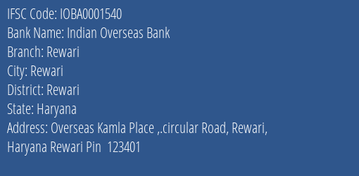 Indian Overseas Bank Rewari Branch, Branch Code 001540 & IFSC Code IOBA0001540