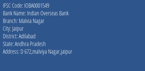 Indian Overseas Bank Malvia Nagar Branch IFSC Code