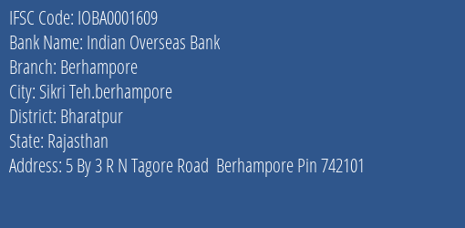 Indian Overseas Bank Berhampore Branch Bharatpur IFSC Code IOBA0001609